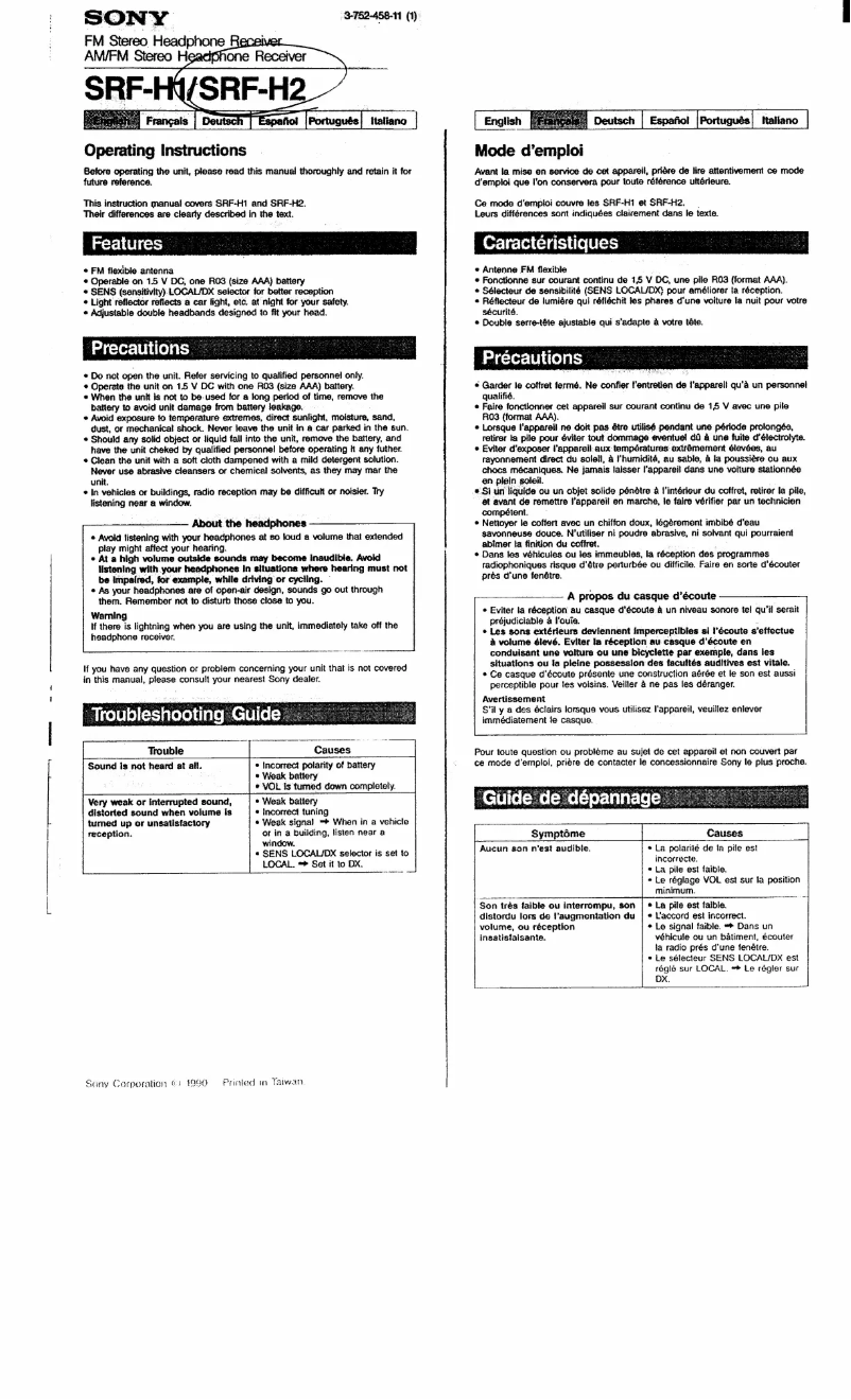 Image de la première page du manuel de l'appareil SRF-H1