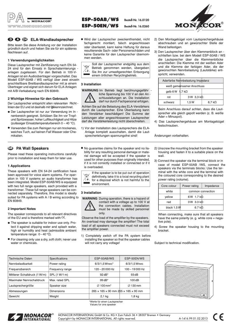 Page 1 de la notice Manuel utilisateur Monacor ESP-50AB/WS