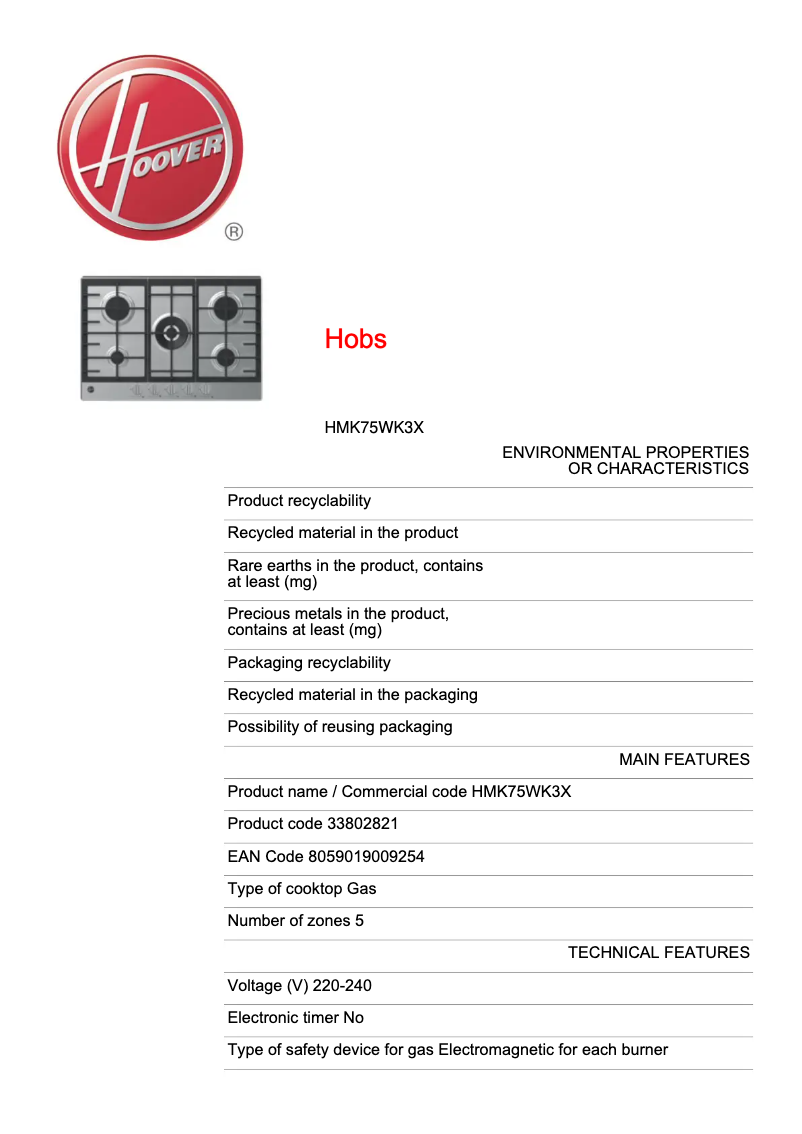 Page n°1 - Fiche technique Hoover H-HOB 300 HMK75WK3X