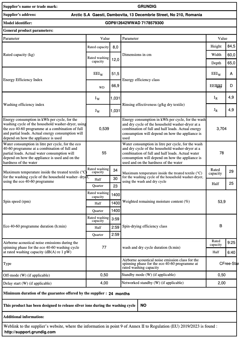 Page n°1 - Fiche technique Grundig GDP812642WWAD