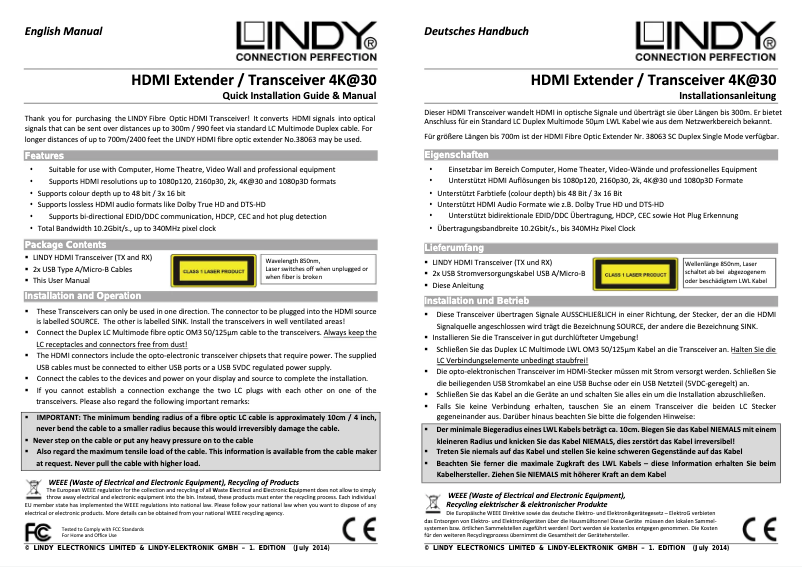 Page n°1 - Manuel utilisateur Lindy 38170