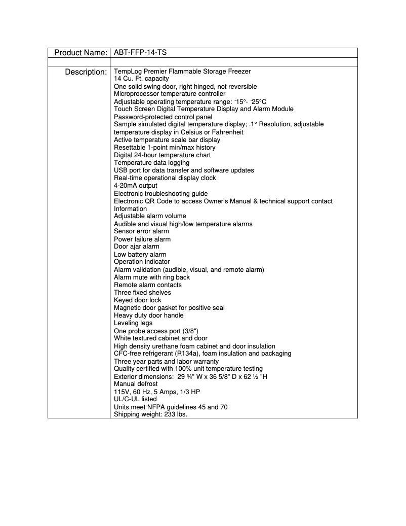 Page 1 de la notice Manuel utilisateur American BioTech Supply ABT-FFP-14-TS
