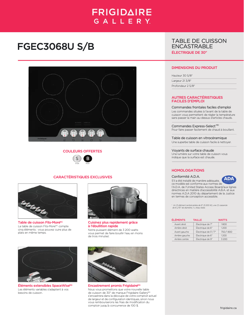 Page n°1 - Fiche technique Frigidaire FGEC3068UB