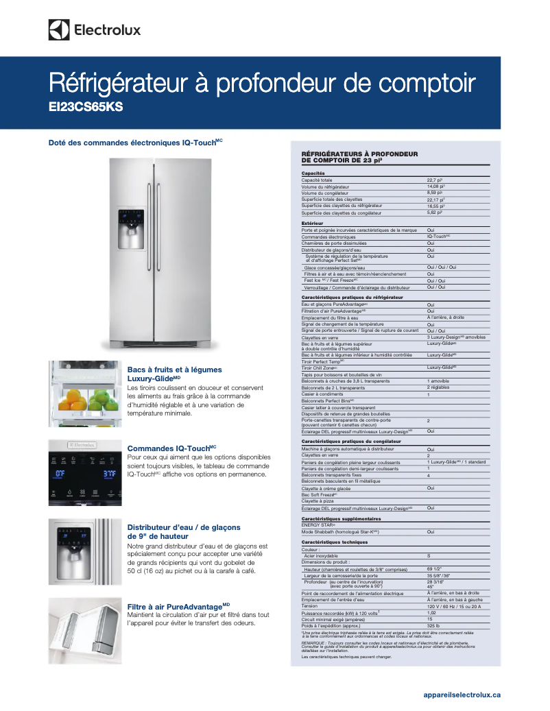 Page 1 de la notice Fiche technique Electrolux EI23CS65KS