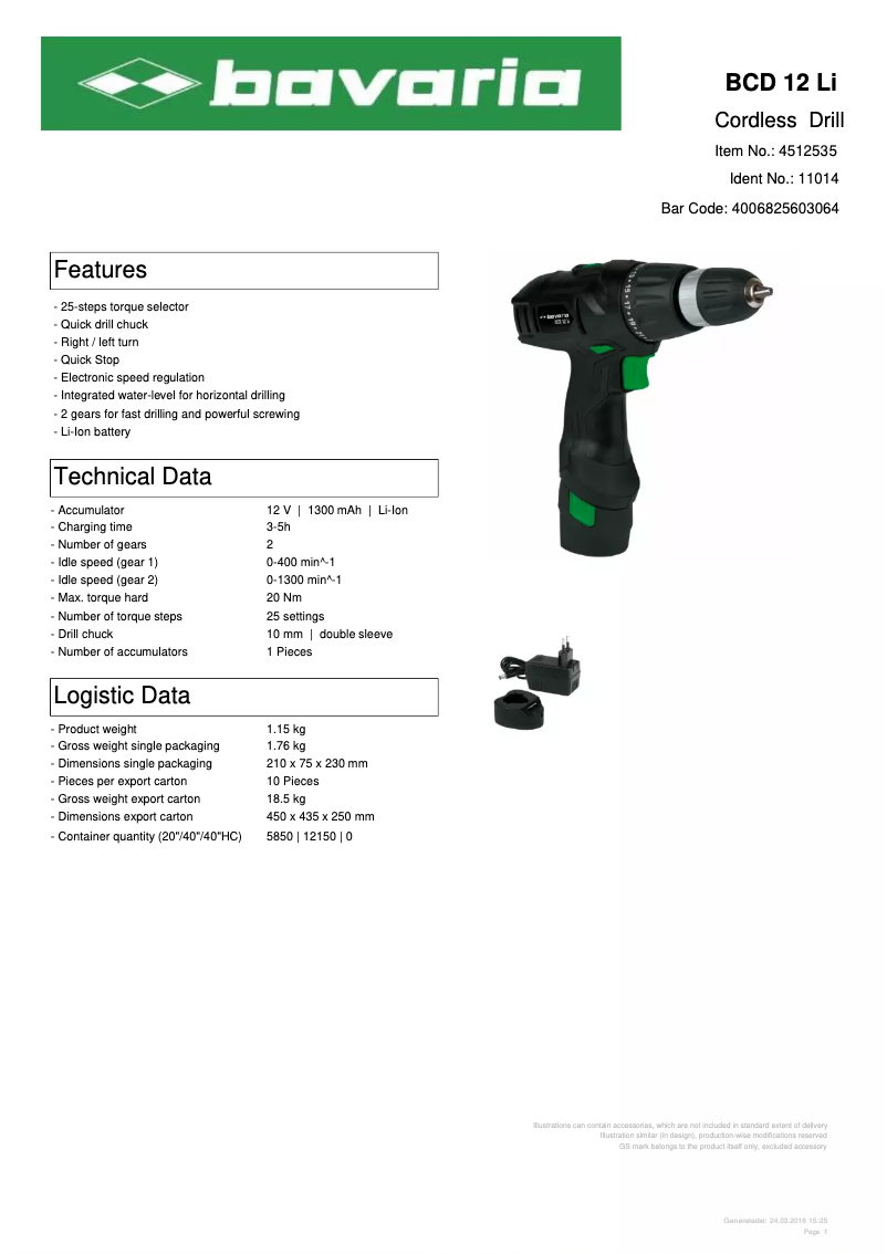 Page 1 de la notice Fiche technique Bavaria BCD 12 Li