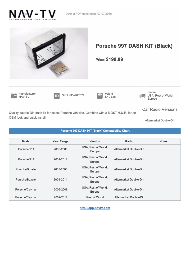 Page n°1 - Manuel utilisateur NAV-TV Dash Kit NTV-KIT372