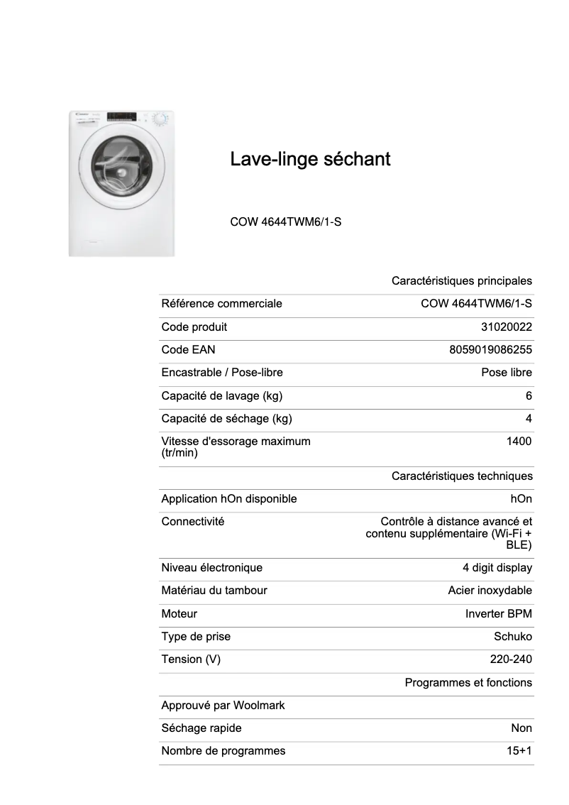 Page 1 de la notice Fiche technique Candy COW 4644TWM6/1-S