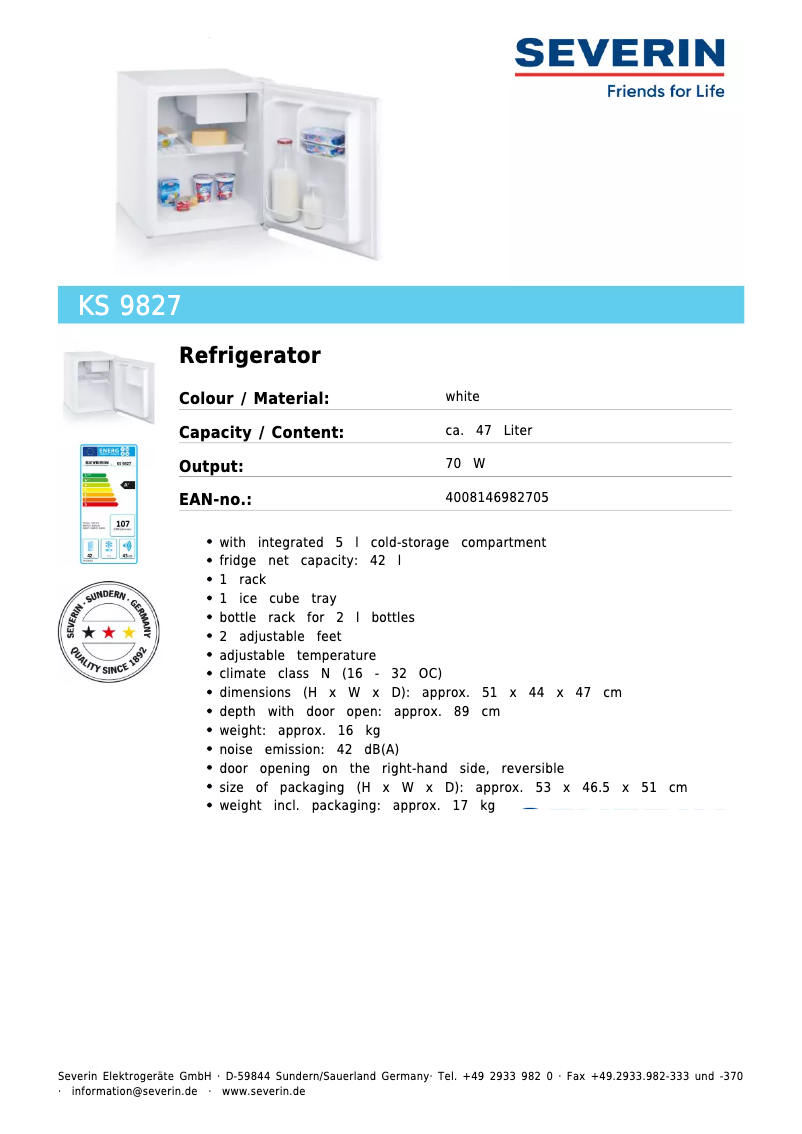Page 1 de la notice Fiche technique Severin KS 9827