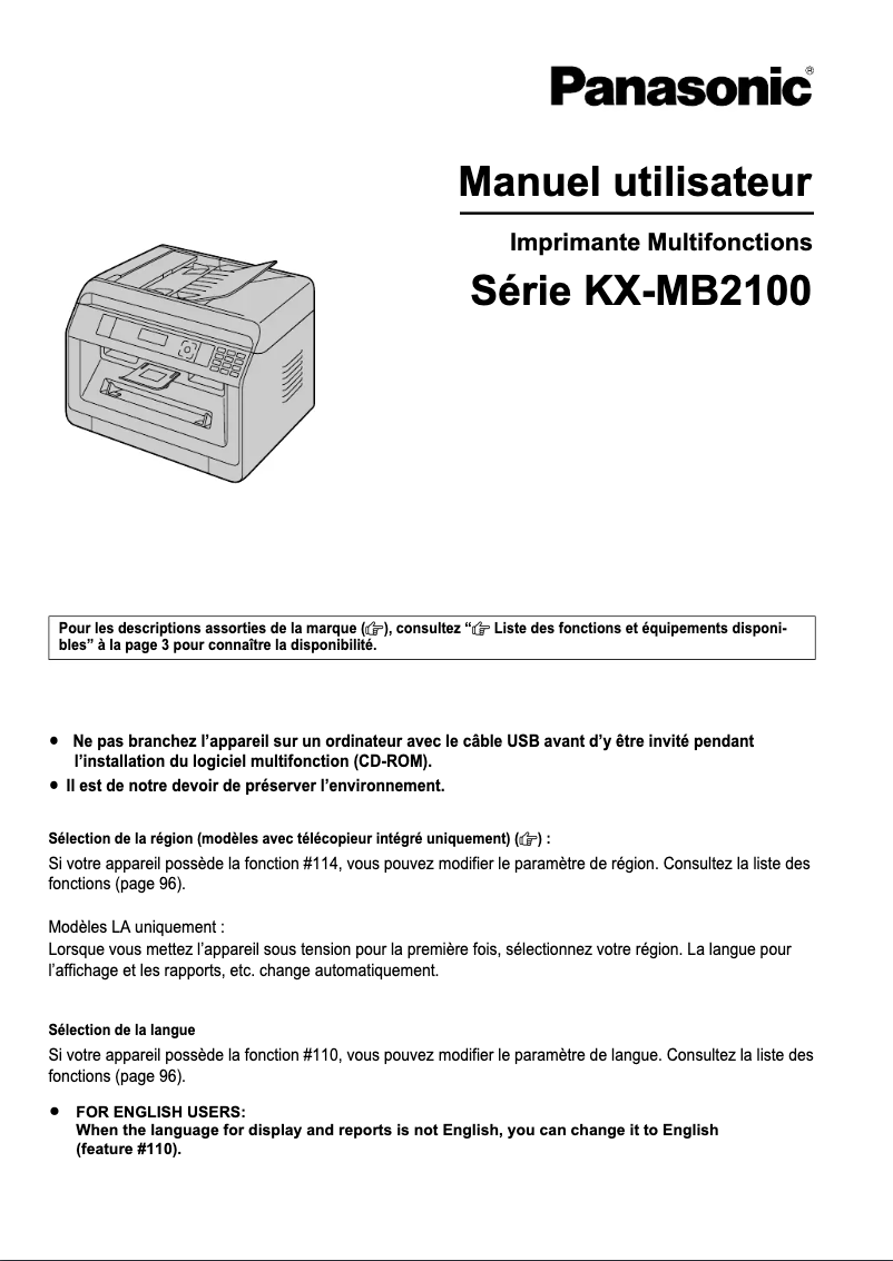 Page 1 de la notice Manuel utilisateur Panasonic KX-MB2170