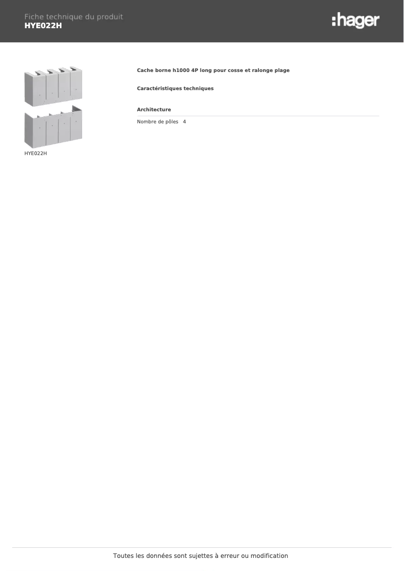 Page 1 de la notice Fiche technique Hager HYE022H