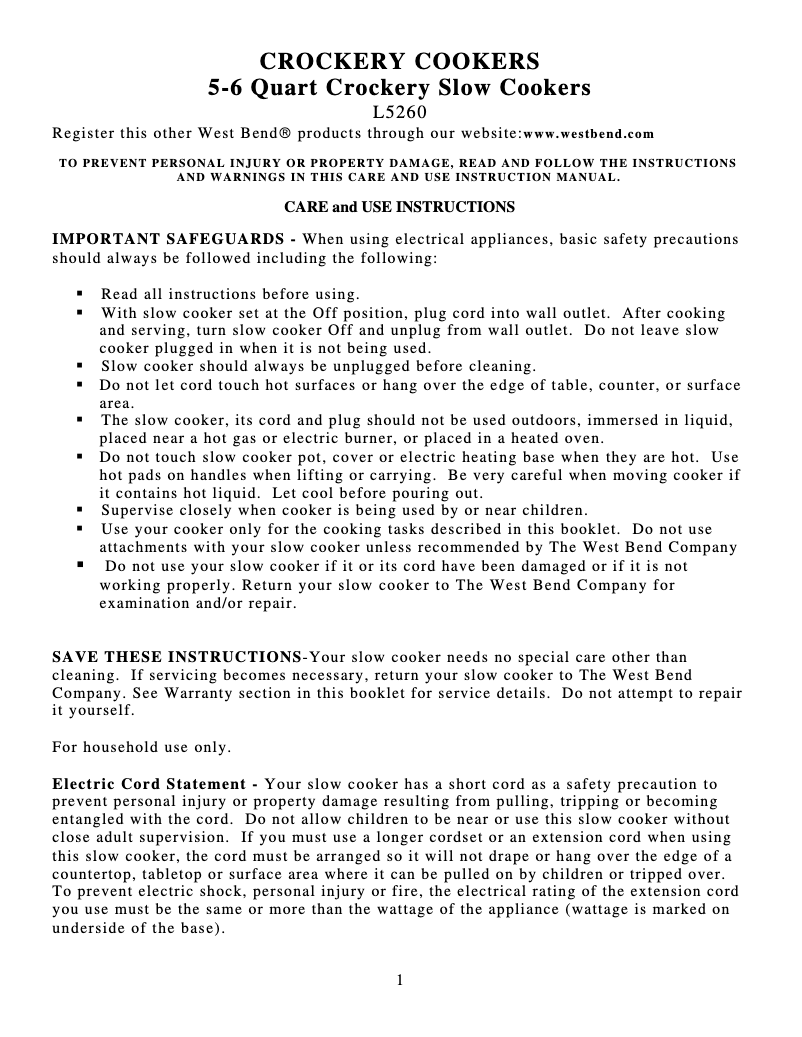 Page n°1 - Manuel utilisateur WestBend 84406