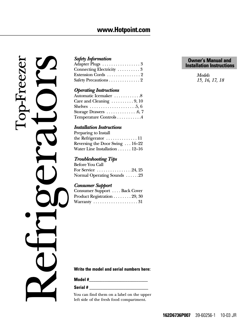 Page n°1 - Guide d'installation Hotpoint HTH15BBRRWW