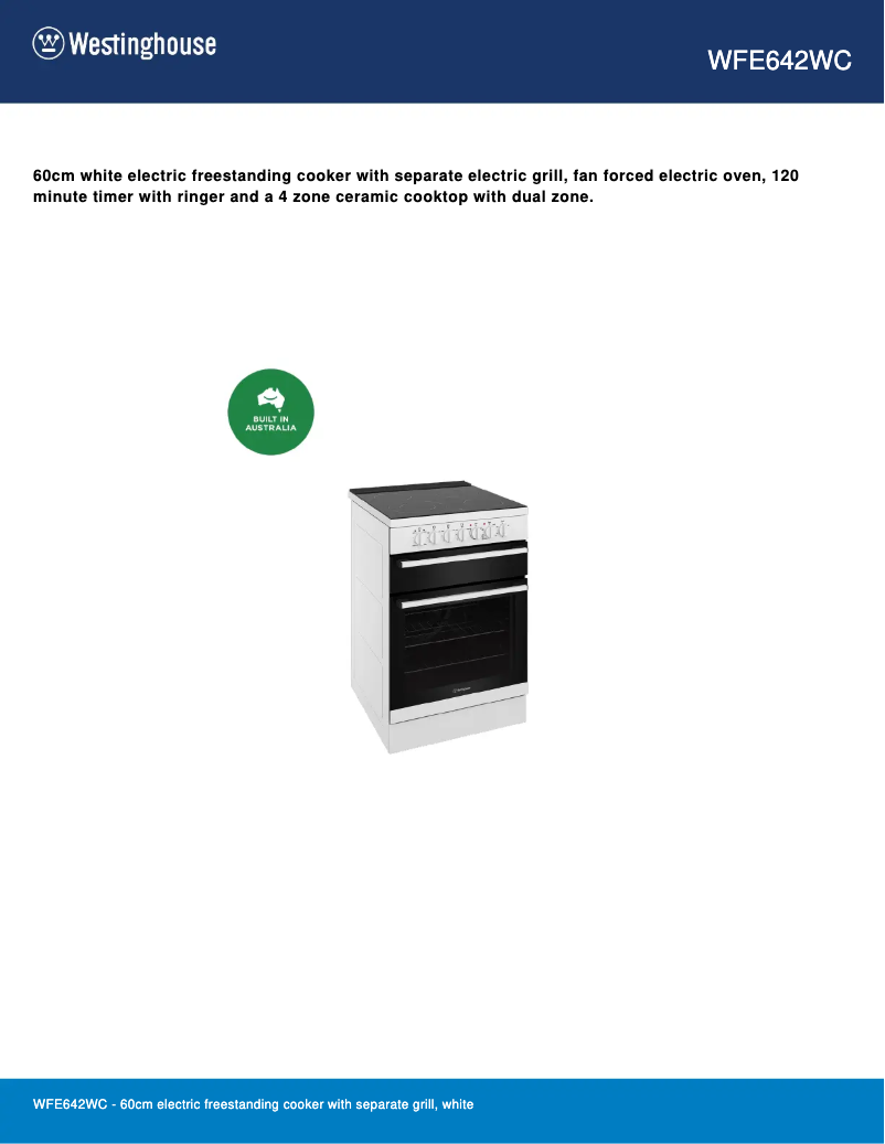 Page n°1 - Fiche technique Westinghouse WFE642WC