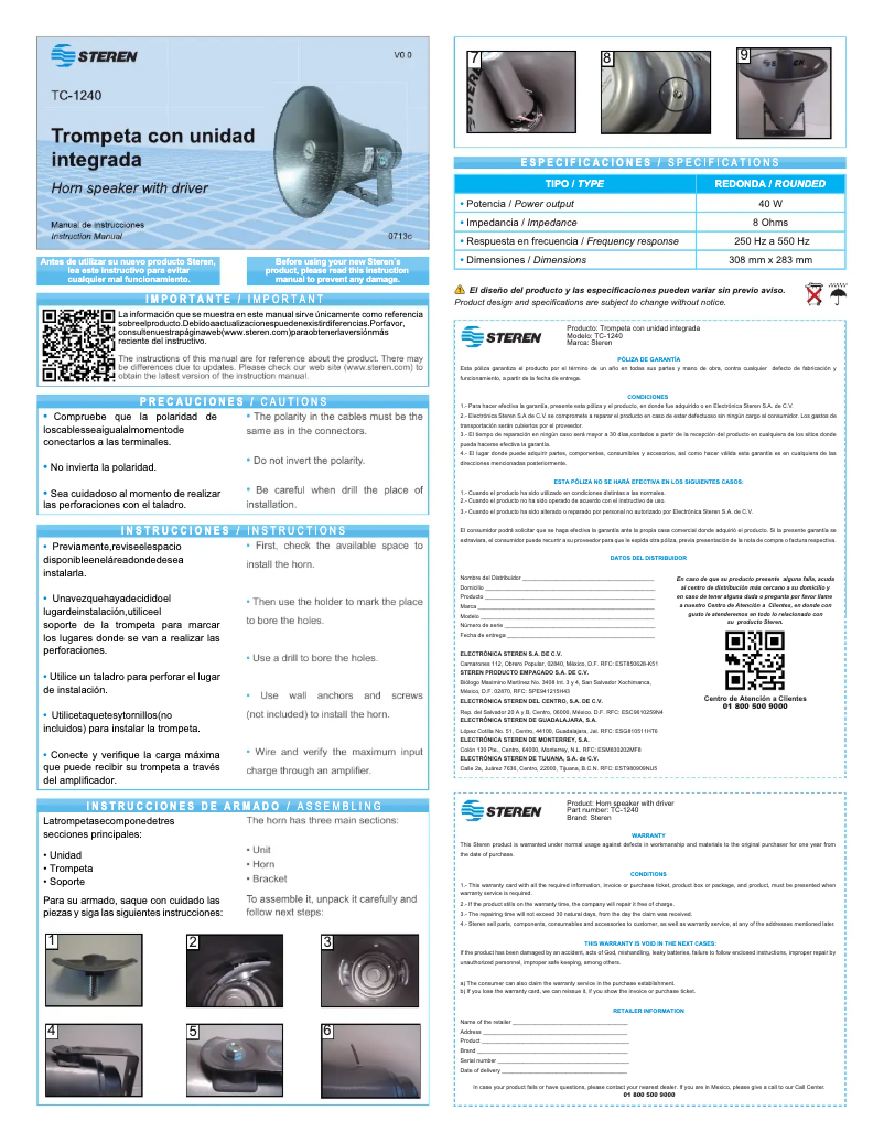 Page n°1 - Manuel utilisateur Steren TC-1240