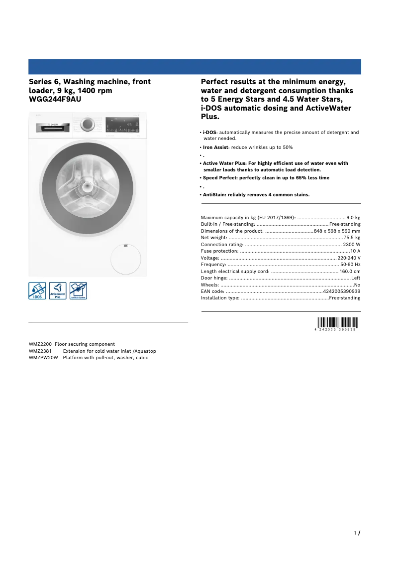 Page 1 de la notice Fiche technique Bosch WGG244F9AU