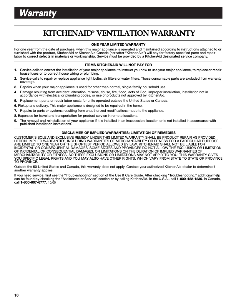 Page 1 de la notice Informations de garantie KitchenAid KWCU265HSS