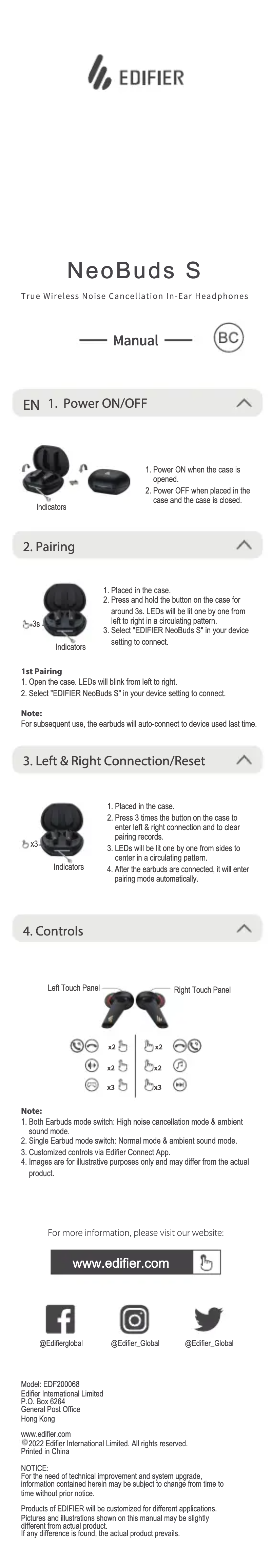 Page 1 de la notice Manuel utilisateur Edifier NeoBuds S