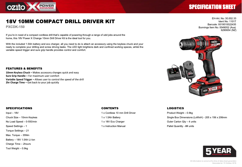 Page 1 de la notice Fiche technique Ozito PXCDK-150
