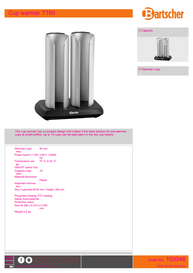 Page n°1 - Fiche technique Bartscher 103048