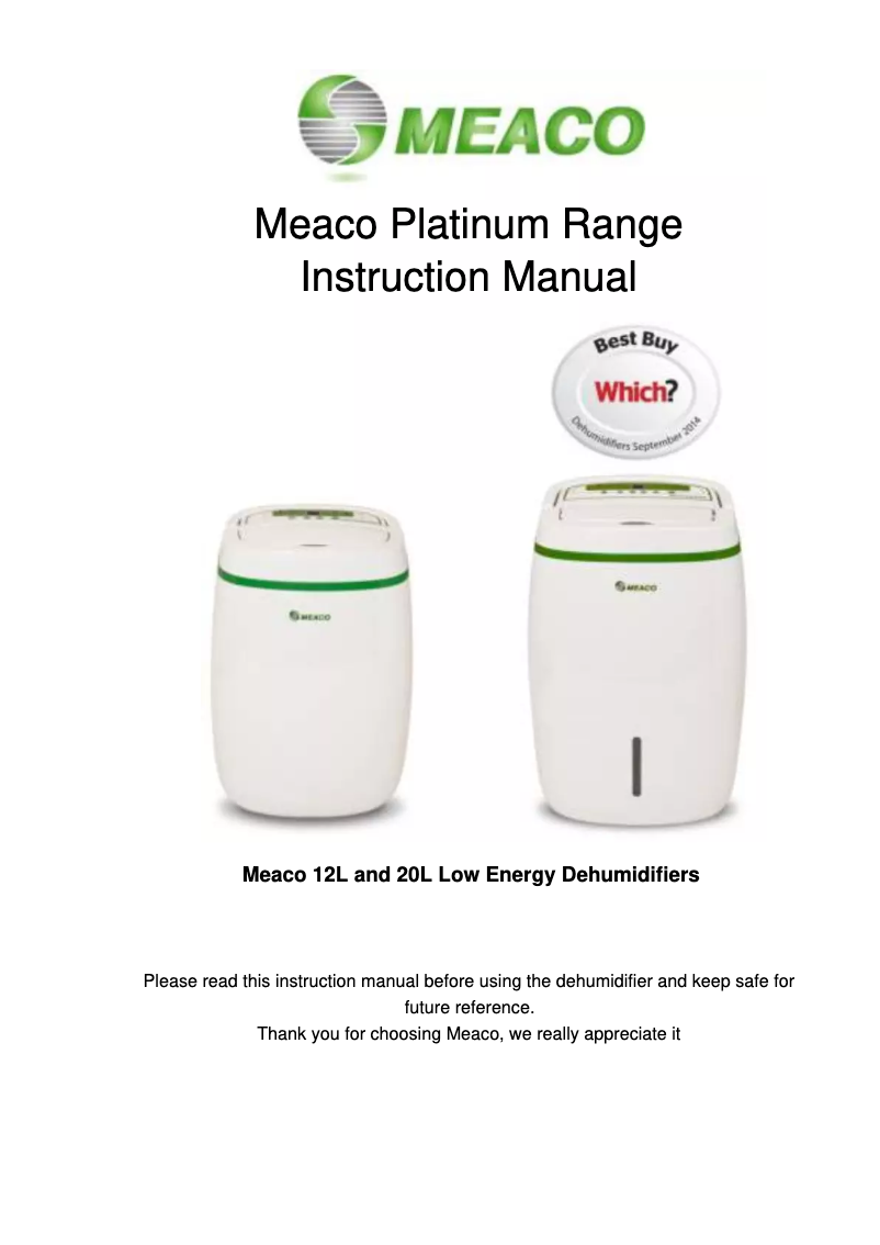 Page n°1 - Manuel utilisateur Meaco Platinum Range