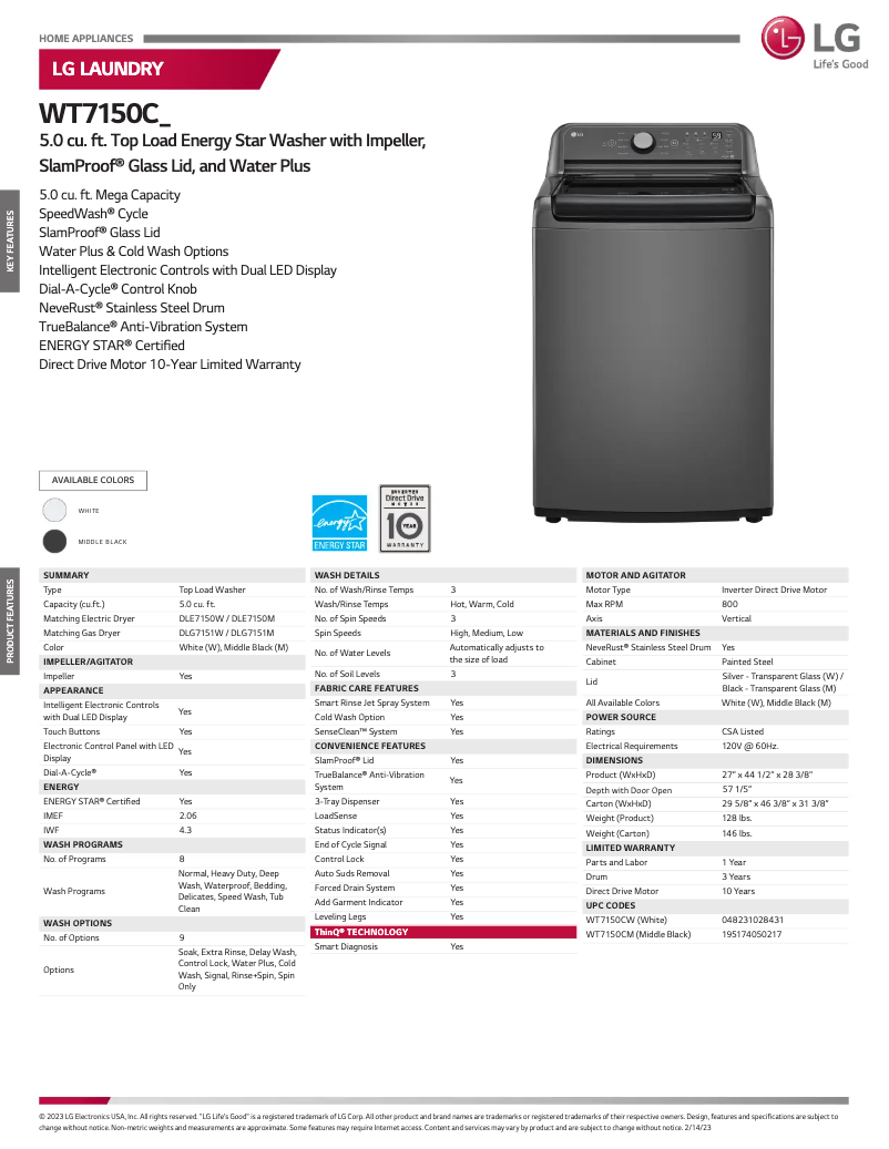 Page 1 de la notice Fiche technique LG WT7150CM