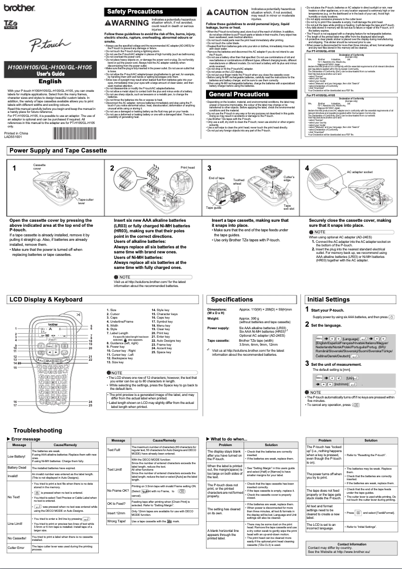 Page 1 de la notice Manuel utilisateur Brother P-touch H105