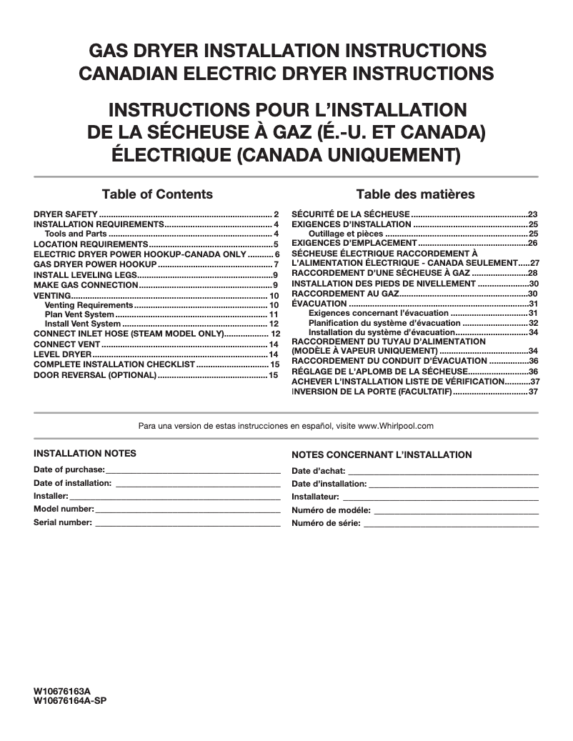 Page n°1 - Guide d'installation Whirlpool Duet WGD95HEDC