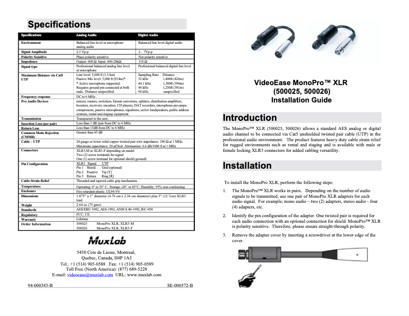 Page 1 de la notice Manuel utilisateur MuxLab VideoEase MonoPro XLR