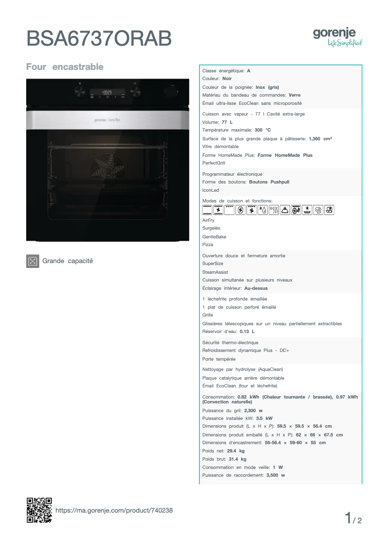 Page n°1 - Fiche technique Gorenje BSA6737ORAB