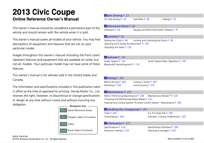 Imagen de la primera página del manual del dispositivo Civic Sedan (2013)