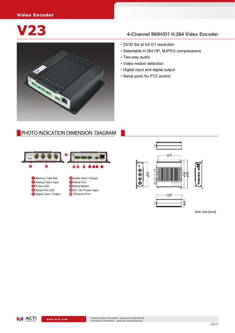 Page n°1 - Fiche technique ACTi V23