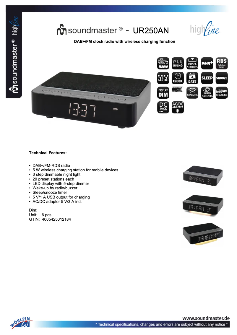 Page 1 de la notice Fiche technique Soundmaster UR250