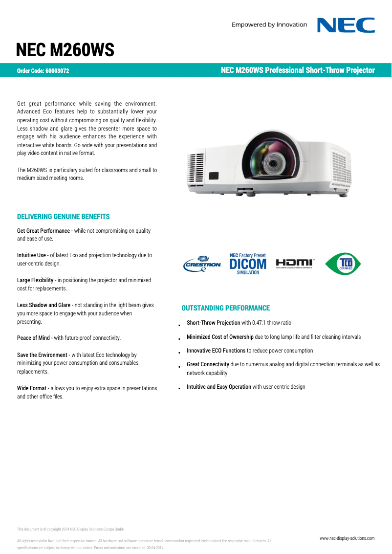 Page 1 de la notice Fiche technique NEC M260WS