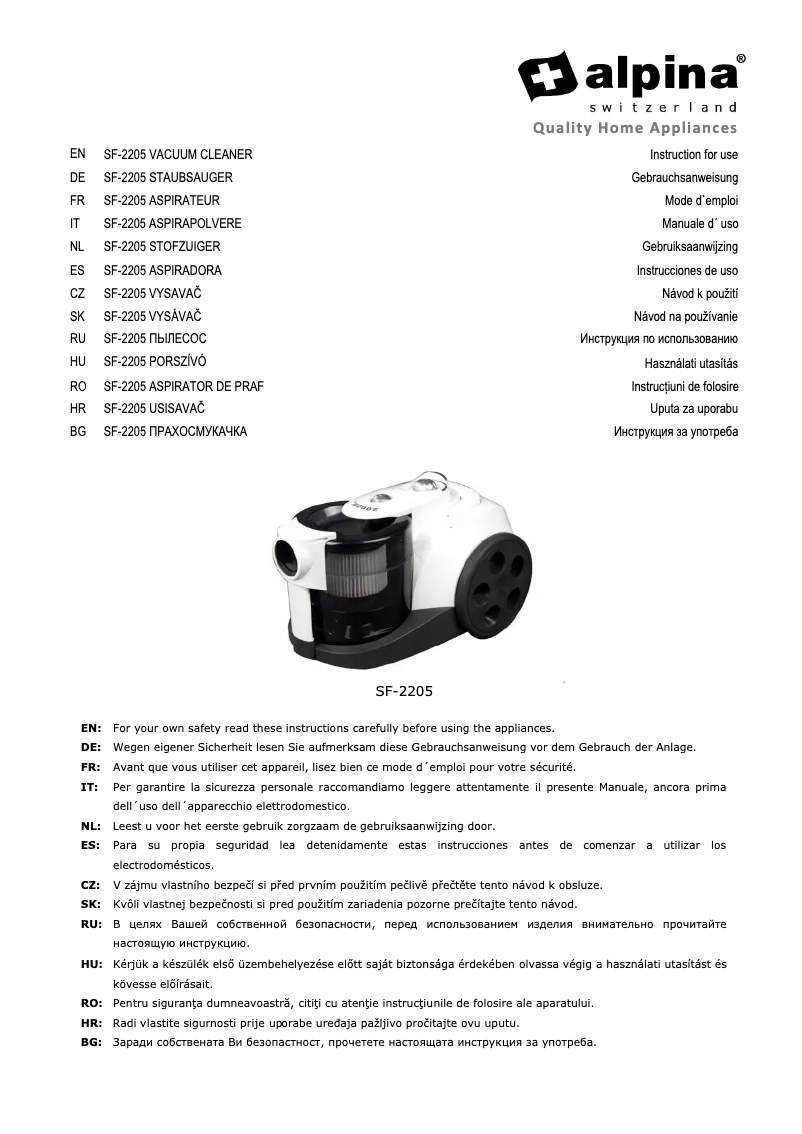 Page n°1 - Manuel utilisateur Alpina SF 2205