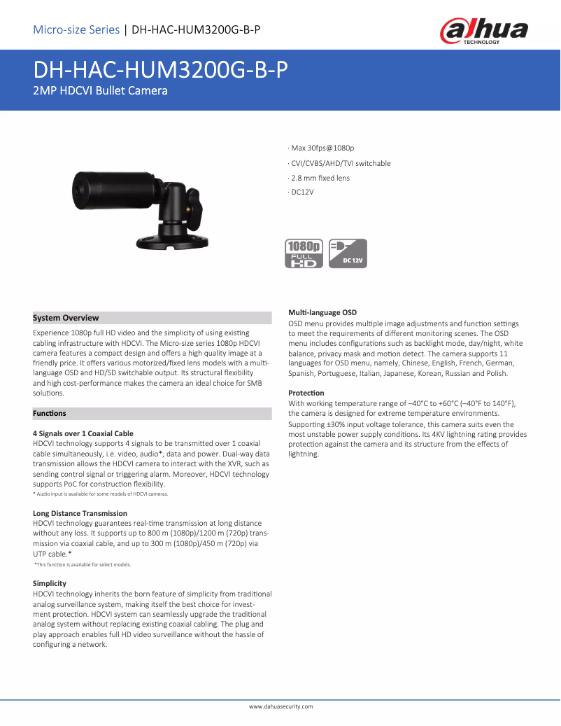 Page 1 de la notice Fiche technique Dahua Technology HAC-HUM3200G-B-P