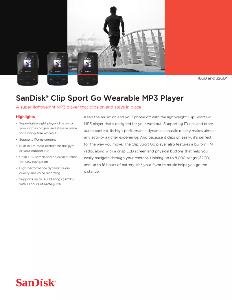 Page 1 de la notice Fiche technique Sandisk Clip Sport Go