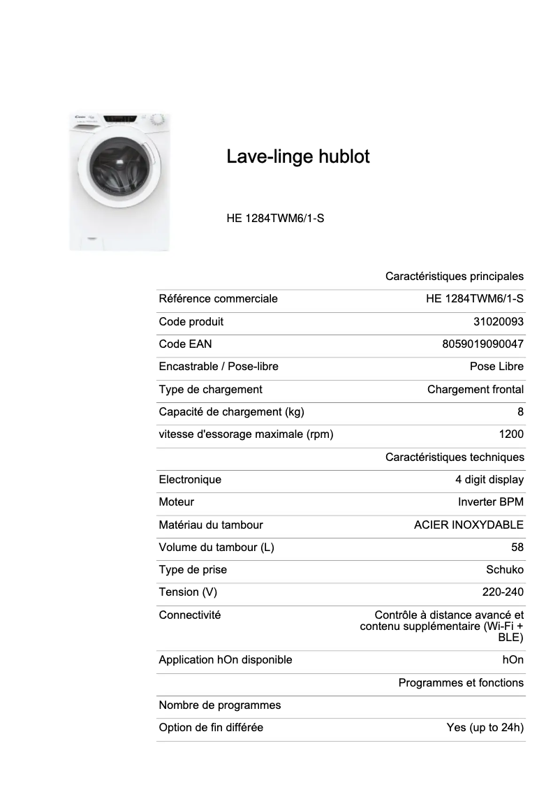 Page 1 de la notice Fiche technique Candy HE 1284TWM6/1-S
