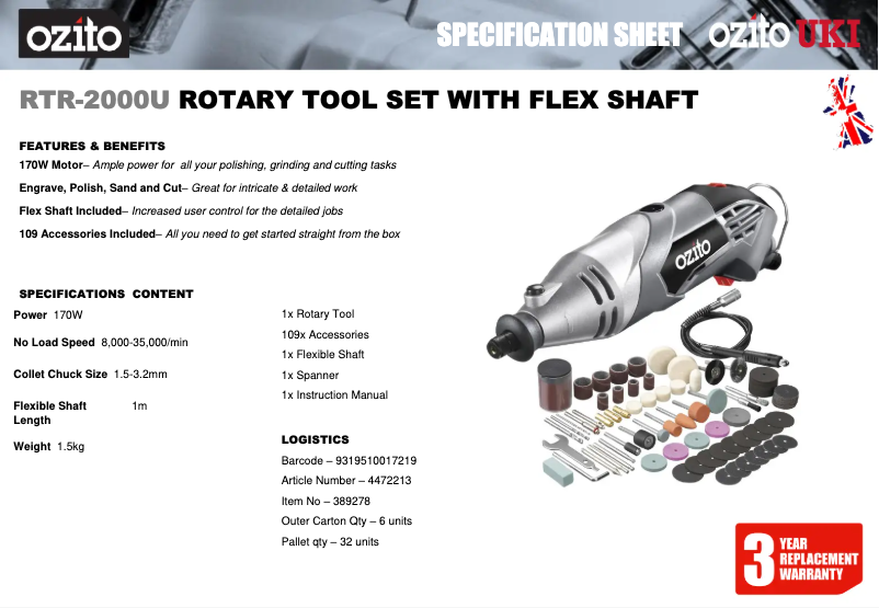 Página 1 del manual Ficha técnica Ozito RTR-2000U