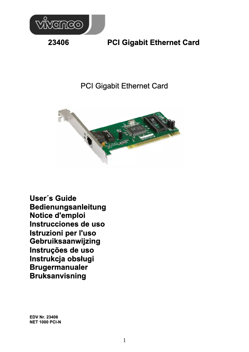 Page 1 of the manual User Manual Vivanco PCI -> 10/100/1000 Mbps Ethernet Card
