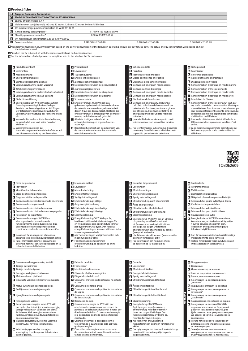 Page 1 de la notice Fiche technique Panasonic TX-50DXW704