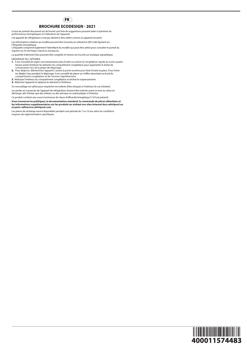 Page 1 de la notice Guide d'installation Whirlpool WHM 2110