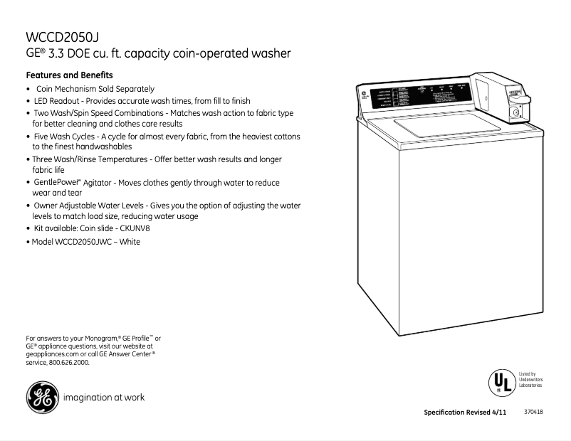 Page 1 de la notice Manuel utilisateur GE WCCD2050JWC