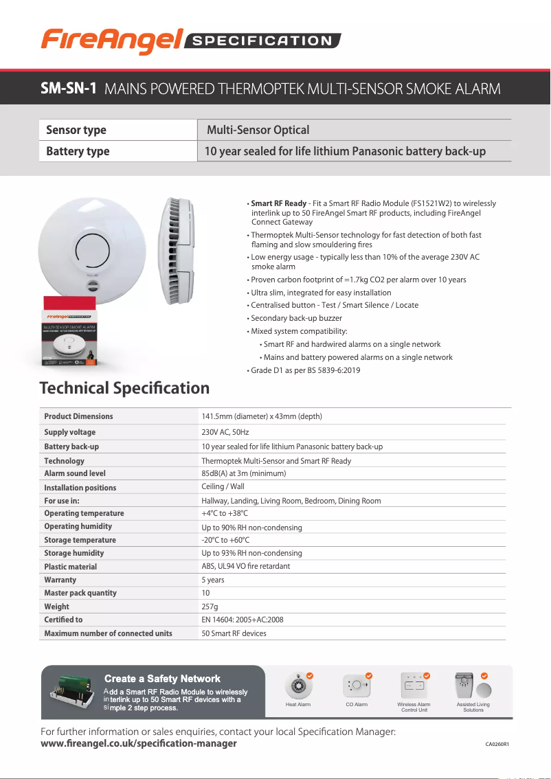 Page 1 de la notice Fiche technique FireAngel SM-SN-1