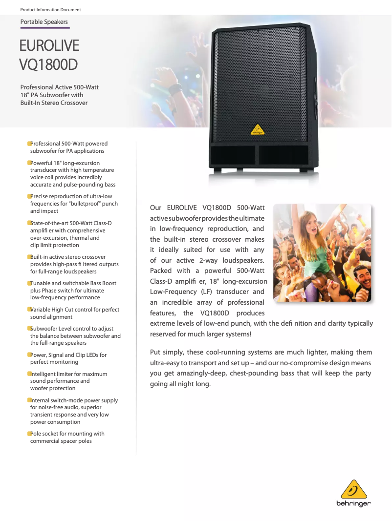 Page 1 de la notice Fiche technique Behringer Eurolive VQ1800D