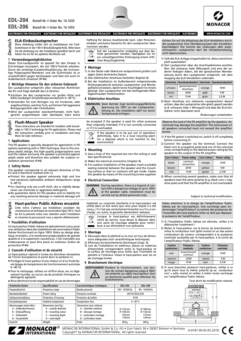 Page 1 de la notice Manuel utilisateur Monacor EDL-206