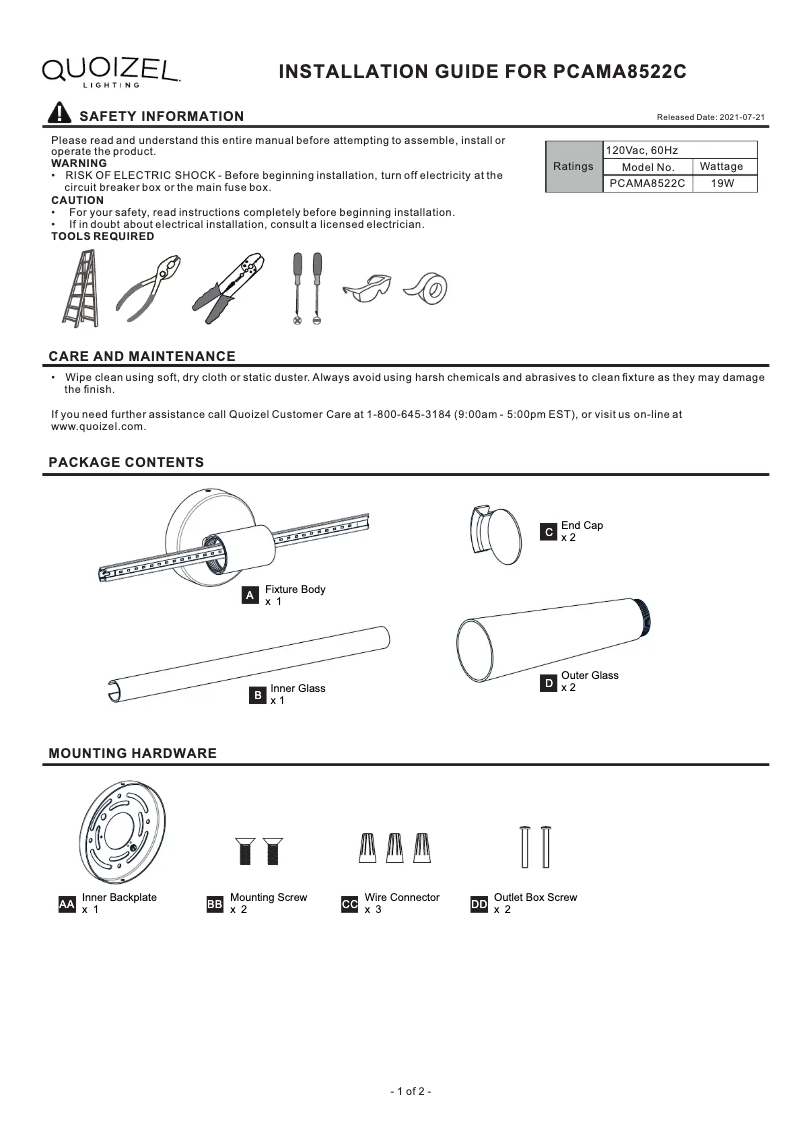 Page n°1 - Manuel utilisateur Quoizel Amara PCAMA8522C