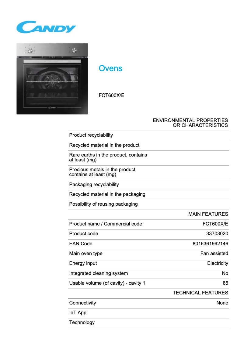Page 1 de la notice Fiche technique Candy FCT600X/E