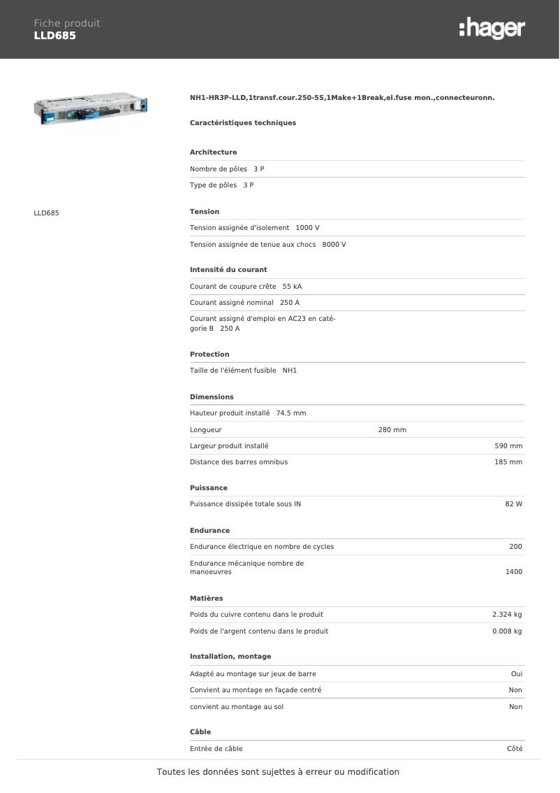 Page 1 de la notice Fiche technique Hager LLD685