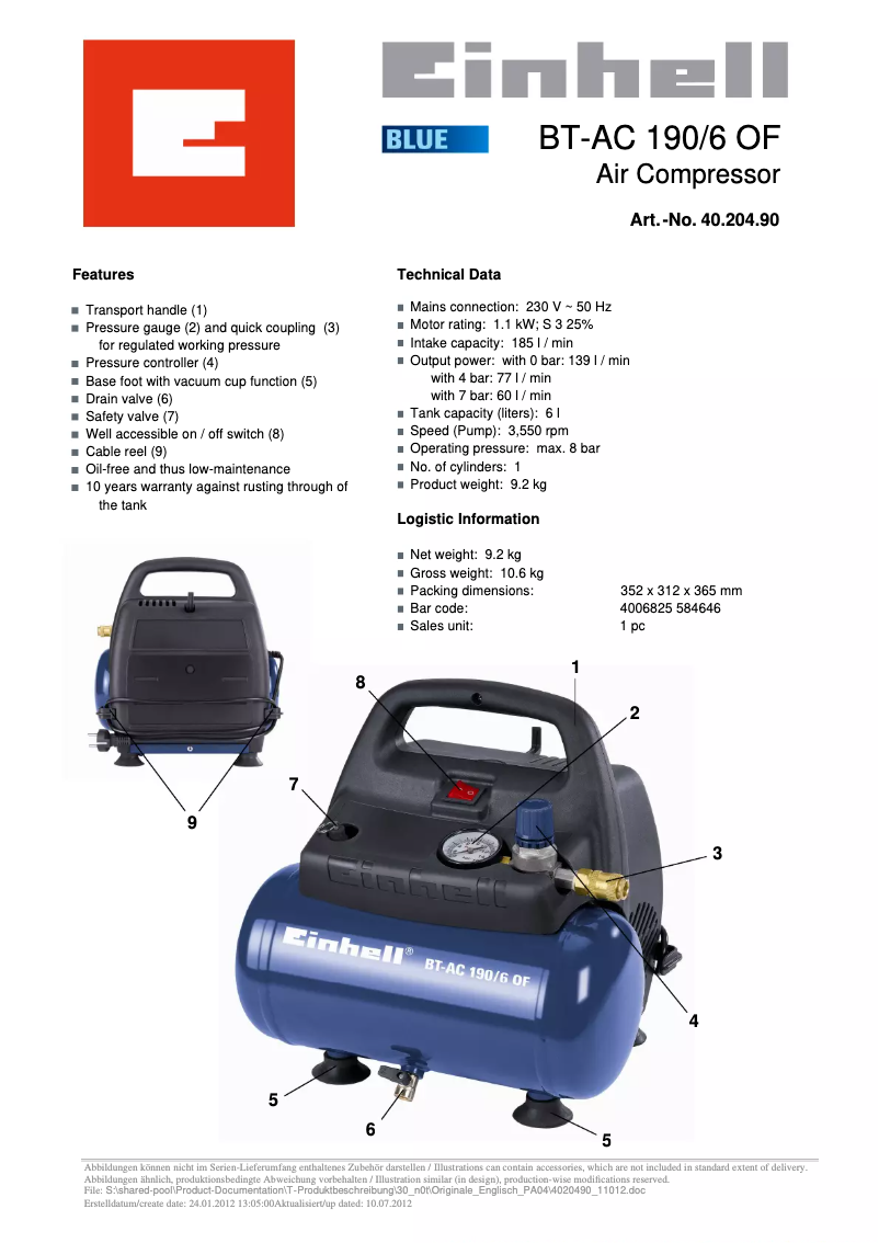 Página 1 del manual Ficha técnica Einhell BT-AC 190/6 OF