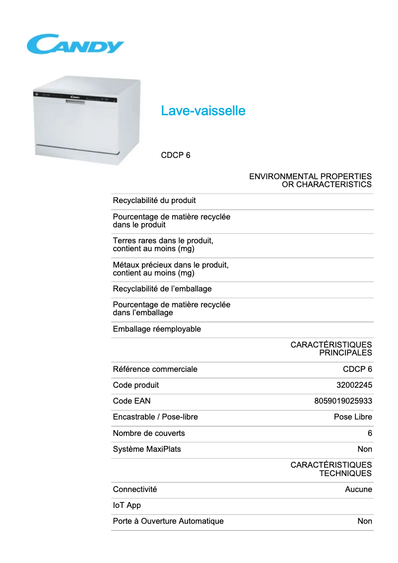 Page n°1 - Fiche technique Candy CDCP 6